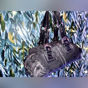 👜Black/Grey COACH logo leather strap Baguette Purse Y2K 2000s Shoulder Bag